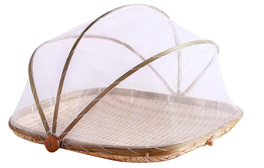 Food Bamboo Food Serving Tent Basket Hand-Woven Basket Serving Dustproof Picnic Basket Vegetable Fruits Bread Food Home Square Food Storage Basket with Mesh Gauze Cover Container (36cm)