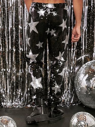 WDIRARA Men's Stars Graphic Printed Sparkle Sequins Elastic High Waisted Party Pants3