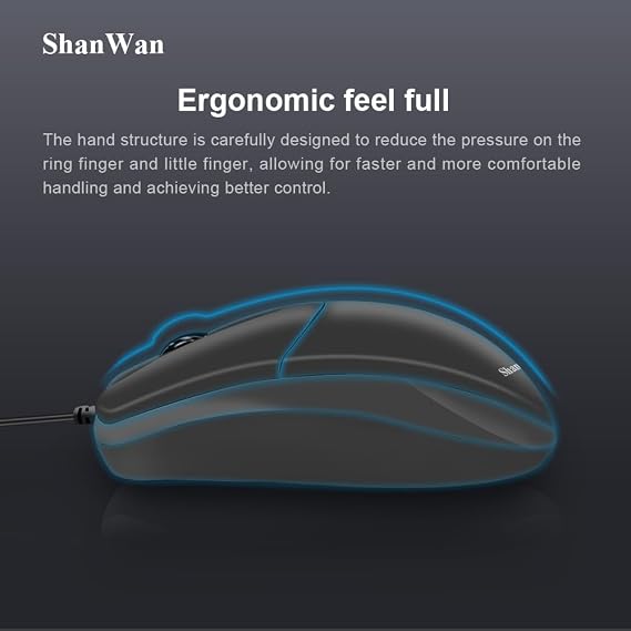 ShanWan High Performance Wired Mouse, 1600DPI high-Precision Optical Engine - PC Computer and Laptop Compatible - Black