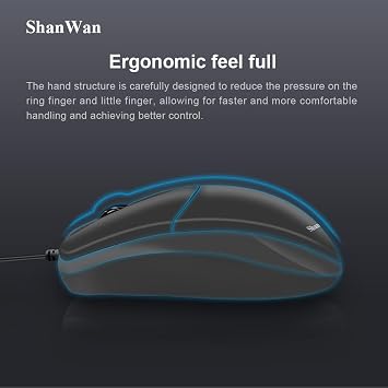 ShanWan High Performance Wired Mouse, 1600DPI high-Precision Optical Engine - PC Computer and Laptop Compatible - Black