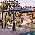 YITAHOME 10x10 Gazebo Polycarbonate Hardtop Outdoor Single Top Canopy with Netting and Shaded Curtains, Aluminum Frame Garden Tent for Patio, Backyard, Deck and Lawns, Brown