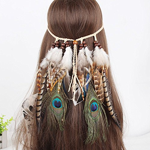 Campsis Indian Peacock Feather Headbands Boho Princess Head Chain Bule Adjust Headdress Handmade Rope Hair Accessories for Women and Girls (E)