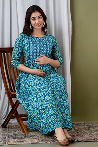 Image of Women's Feeding Kurta Cotton | Floral Anarkali Pregnancy Kurta with Nursing Zipper | Pre & Post Partum | Maternity Dresses | Mom to Be Gift