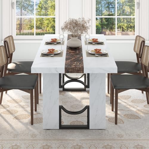 Loomie 71 Inch Dining Table for 6-8 People, Large Rectangular Kitchen Table with Marble-Color Tabletop, 6ft Luxurious Dining Room Table for Living Room, Home Office (White Marble) - Thumbnail 3