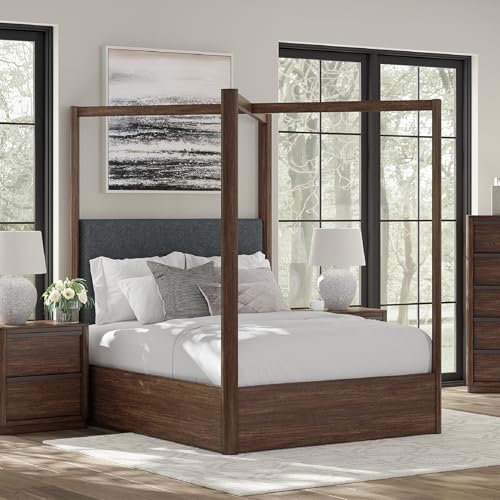Image of Signature Design by Ashley Kendamor Modern Canopy Bed with Upholstered Headboard and Nailhead Accents, Foundation or Box Spring Needed, Queen, Dark Brown