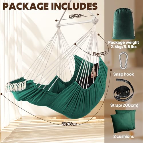 Image of Chihee Hammock Chair Hanging Chair with Foot Rest 2 Cushions Max 500lbs Robust Metal Spreader Bar Collapsible Easy Storage Soft Cotton Swing Chair Strong Strap Iron Carabiner Side Pocket Included