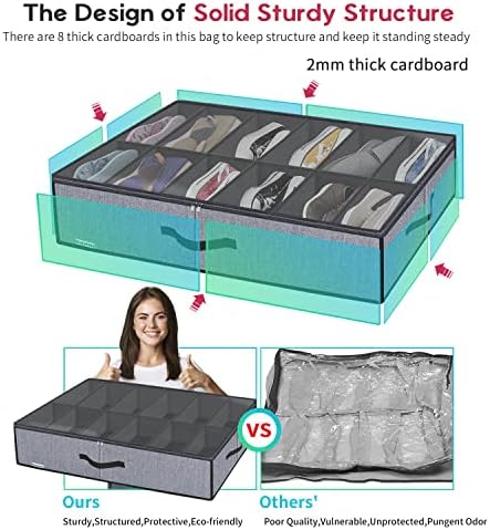 homyfort Large Heavy Duty Underbed Shoe Storage Bag with Clear Lid, Under Bed Shoes Tidy Organiser, Foldable Fabric Holder Closet, 12 Pockets x 2, 74.5x 60x 15cm, Linen-like Grey, XDUBSB2P
