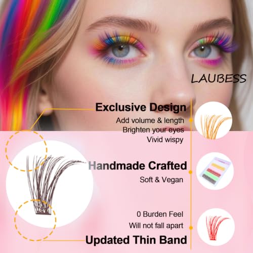 Image of Colored Lash Clusters LAUBESS Colored Eyelash Clusters Wispy Colored Lash Extensions Colorful Lash Clusters Individual Lashes White Orange Light Pink Red Green Dark Brown (Colorful 0.07D, 13 /15mm)