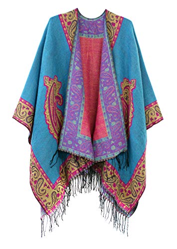 Urban CoCo Women's Fashionable Retro Style Vintage Pattern Tassel Poncho Shawl Cape (series 2-Blue)