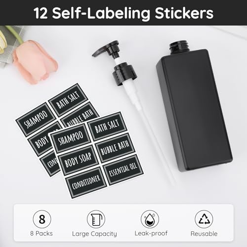 Image of Segbeauty 8 Pack Bathroom Soap and Shampoo Dispenser, Matte Black Plastic Square Body, 16.9oz & 500ml Refillable