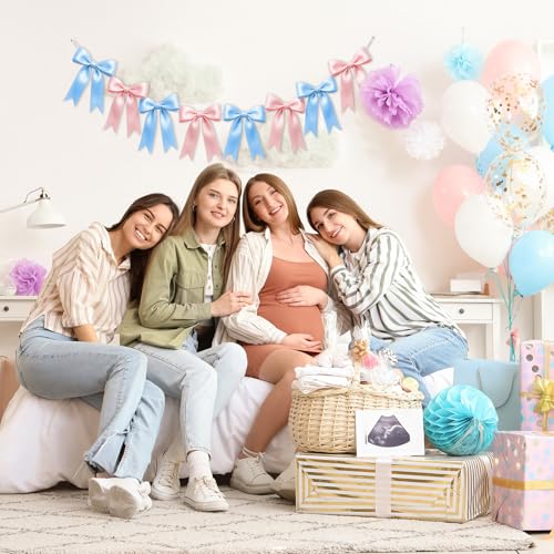 Image of 2 Strings of 16PCS Baby Pink&Baby Blue Bow Garlands Banner Decoration,Pre-Strung Satin Ribbon Ornaments for Gender Reveal Party,Baby Shower,Birthday,Bridal Shower,Graduation Decor,Anniversary,Wedding