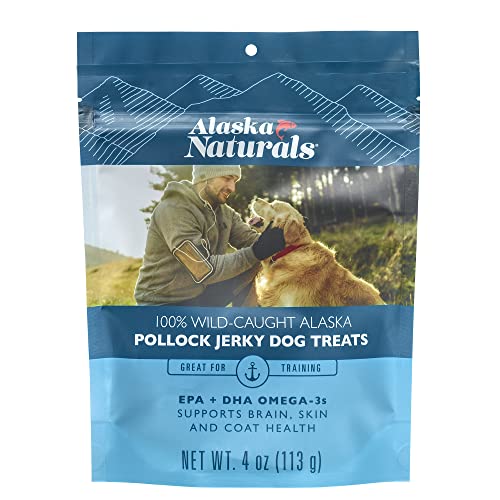 Alaska Naturals Dog Treats, Wild-Caught Pollock Jerky with Omega 3 to Support Healthy Skin & Shiny Coat, Gluten Free, Grain Free Training & Rewarding Dogs Treat, 4 oz