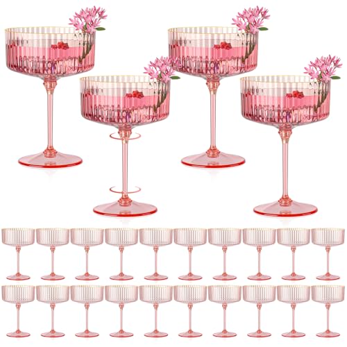 HKSZEH 24 PCS Ribbed Coupe Glasses Pink Plastic Champagne Coupe Cup 10oz Detachable Gold Rim Espresso Martini Glass Vintage Margarita Glassware Cocktail Glass for Wedding Bachelorette Party