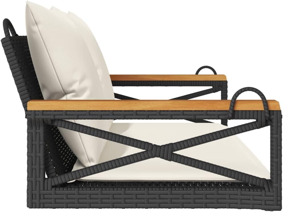 vidaXL Swing Bench Chair with Cream Cushions - Black Poly Rattan, Outdoor Hanging Seat for Garden, Patio, Deck, UV-, 42.9"x 24.4"x 15.7"