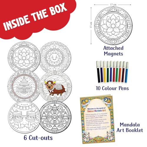 Image of SparkLPlay DIY Mandala Art Kit for Kids - Tibetan Mandala. Coloring Set with - 6 Magnetic Cutouts,12 Color Pens & Booklet. Creative Art & Craft. Mess Free. Gifts for Kids.