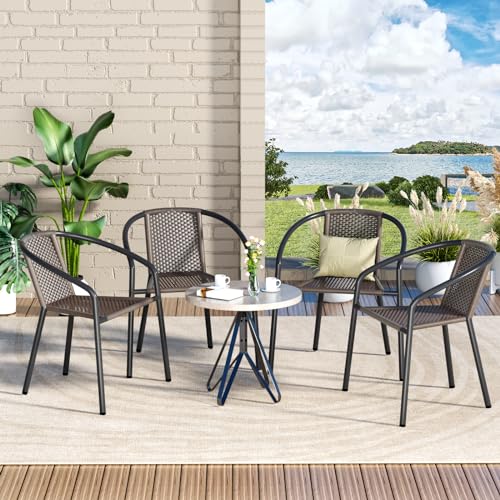 Patio Dining Chairs Set of 4, Outdoor Rattan Stackable Chairs for All Weather, Support 330 LBS, Metal Heavy Duty Portable Chair with Armrests for Backyard Lawn Garden Porch Pool and Deck (Cof)