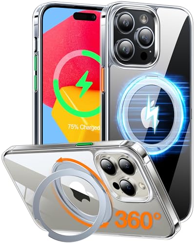 TORRAS 360° Rotatable Ring for iPhone 15 Pro Max Case with Stand, Compatible with MagSafe, Military Grade Drop Protection, Magnetic Case for iPhone 15 Pro Max 6.7", Clear