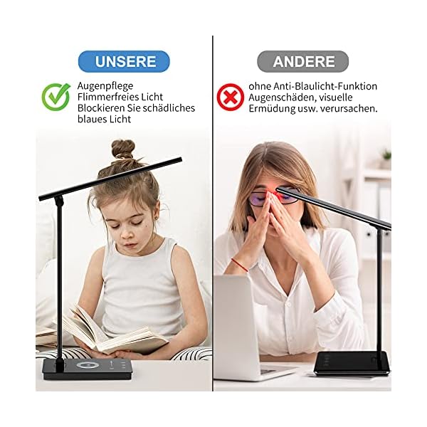 Desk Lamp, Eye-friendly LED Desk Lamp with Wireless Charger and USB, Table Lamp with 5 Colours and 9 Brightness Levels, Touch Control, Timer, Memory Function, for Learning, Working, 10 W - Image 3