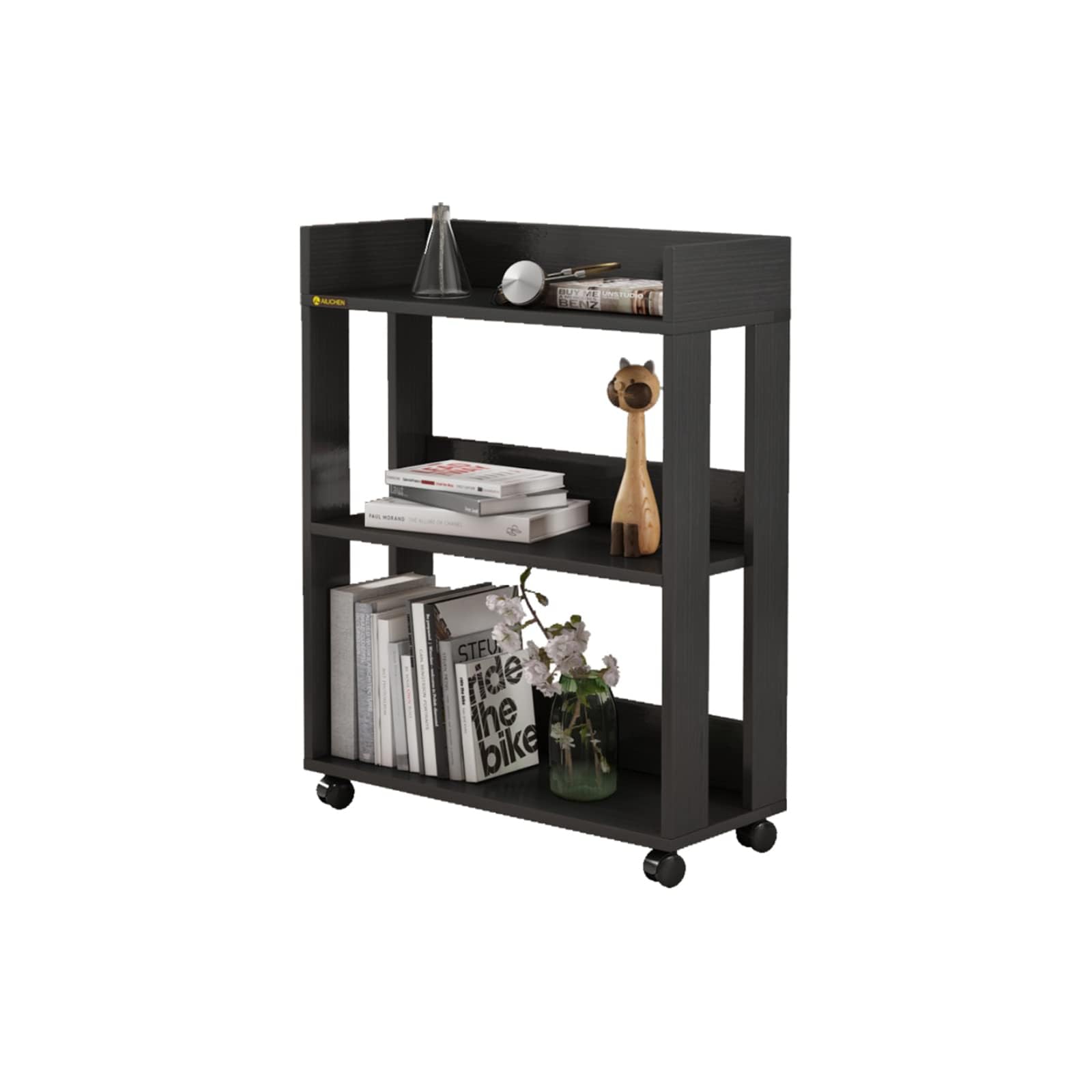 3-Tier Rolling Side Table with Lockable Wheels, Small Wooden Bookcase for Bedroom, Living Room, or Office – Space-Saving Storage Shelf, Black/Brown