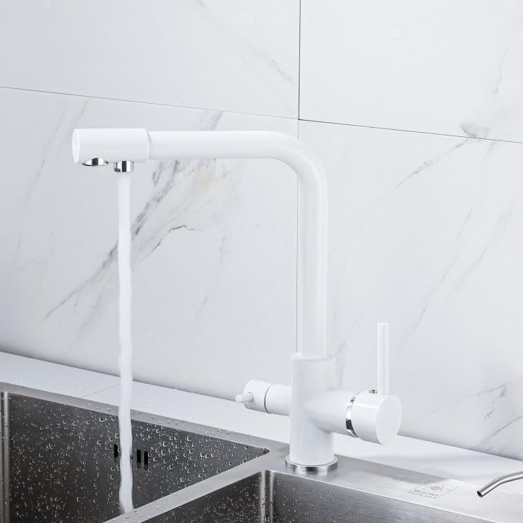 Robinet cuisine 3 voies eau filtrée pure mitigeur blanc pivotant laiton