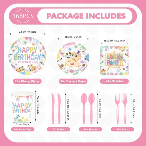 168Pcs Art Paint Birthday Party Decorations Art Painting Theme Plates Napkins Cups Forks Knives Spoons Disposable Paper Tableware for Girls Artistic Painter Birthday Party Supplies Serves 24 - Image 4