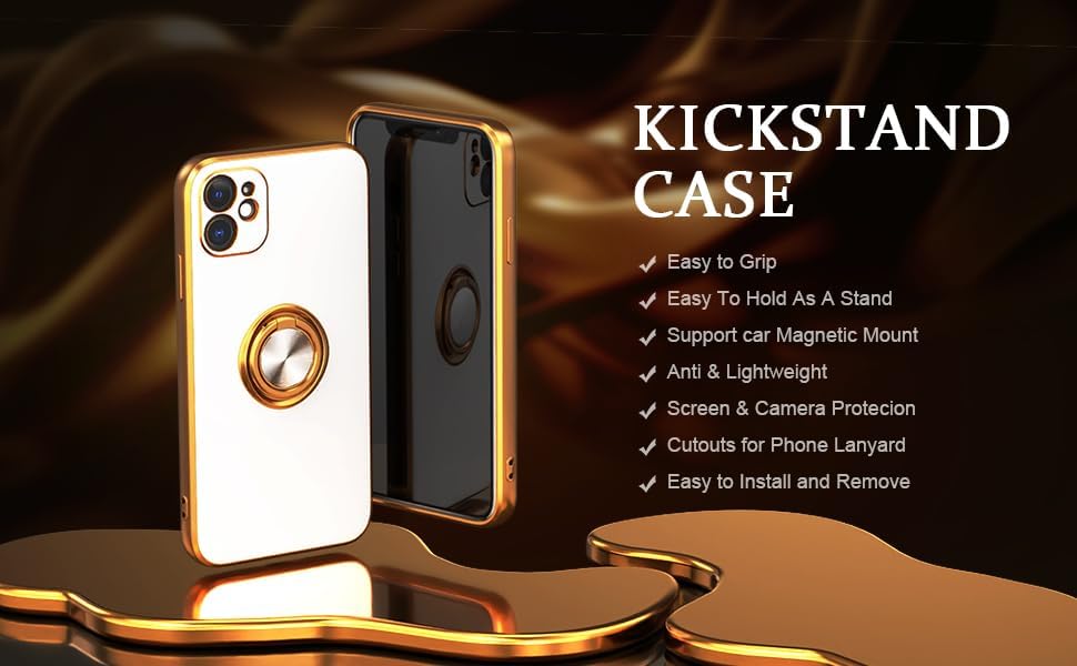 Miniatura 9 de IDweel Funda para iPhone 11, funda para iPhone 11 con soporte de anillo de 360 con soporte magnético, ligera, delgada, borde de oro rosa, protección