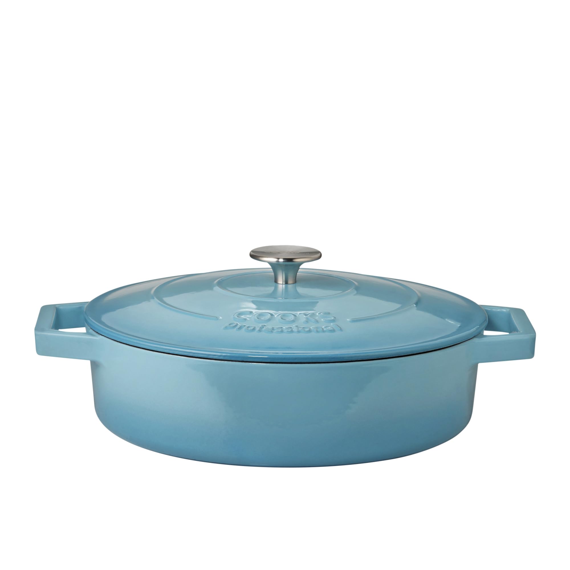 Cooks Professional 28cm Cast Iron Shallow Casserole Dish 4.3L with Lid & Handles | Colourful Modern Enamelled Cooking Pan Pot | Suitable For All Hobs Inc Induction | Oven & Grill Safe | Blue