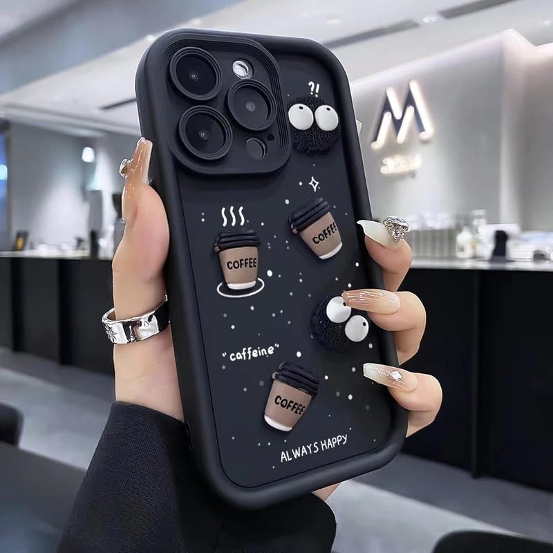 Image of COVERLY Back Case Cover Compatible with iPhone 15 Pro Max | Cute Fun Cartoon Characters 3D Ball Coffee Cookies Silicone Case | Body Protection | 360 Camera Protection | Shock Proof | (Happy Black)