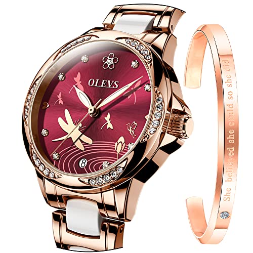 Image of OLEVS Lady Watch Automatic Fashion Bracelet Set Ceramic Analogue Diamond Elegant Dress Stainless Steel Date Rose Gold Wrist Watch for Women, Wine Red, strap