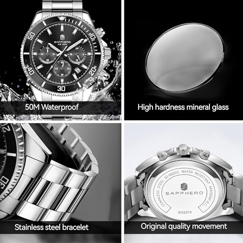 SAPPHERO Mens Watches Analog Quartz Chronograph Stainless Steel Watches for Men 50M Waterproof Men's Wrist Watches with Calendar Luxury Business Work Casual Watch Elegant Gifts for Men - Image 5