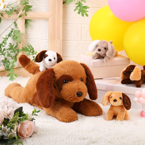 Skylety 5 Stück Welpen Kuscheltiere Mama Hundebauch mit 4 Niedlichen Plüschtier Hunde Spielzeug Kissen Weich und Kuschelig Stofftiere Welpen Sortiment für Geburtstag Weihnachten(Fleck GoldenRetriever)