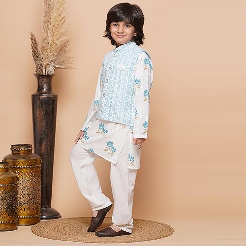 Image of AJ DEZINES Kids Ethnic Wear Cotton Printed Kurta Pajama Set For Boys With Nehru Waist Coat Jacket