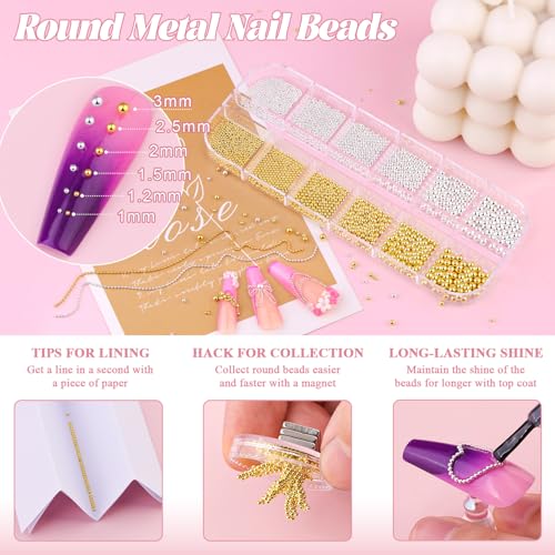 1-3MM Mini Small Nail Beads Metal Caviar Bead Silver Gold Nail Charms and Gems Ball, Nail Chain for Nail Art Accessories Supplies Gold Rhinestones for Women Manicure