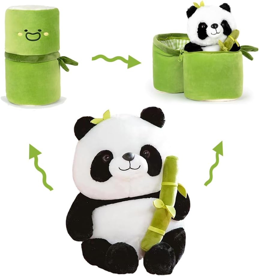 Cute Panda Plush Toy with Bamboo Cover, Kawaii Panda Stuffed Toy, Animal Panda Plush Doll Pillow for Kids Funny Birthday Gift (9.8in)