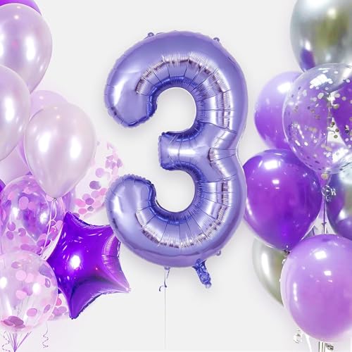Image of Purple 3 Number Foil Balloon with Crown & Base Balloons | 32 Inch Helium Supported for Birthday, Anniversary, Baby Shower Decoration - Pack of 14