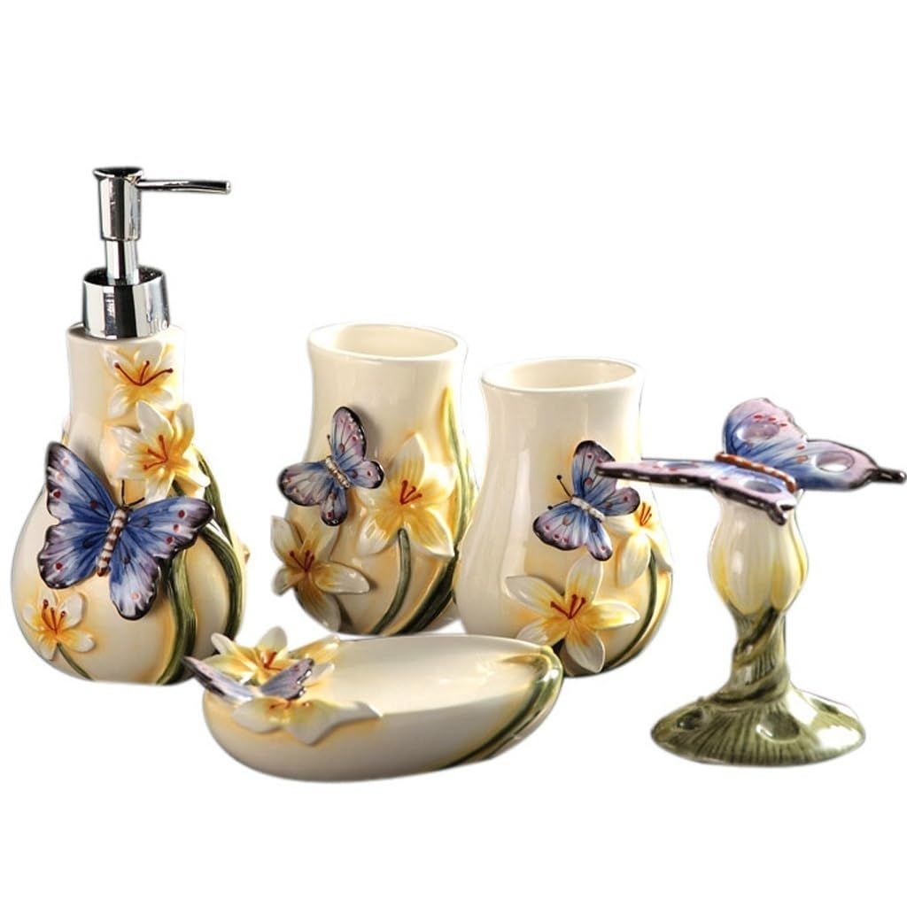 Set da bagno in ceramica con stampa a farfalla, 5 pezzi, dispenser di sapone, portaspazzolino, 2 bicchieri e portasapone Set da bagno