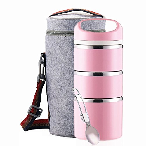 Lille Stackable Stainless Steel Thermal Compartment Lunch/Snack Box, 3-Tier Insulated Bento/Food Container with Lunch Bag & Foldable Spoon, Smart Diet, Weight Control, 43 OZ, Pink