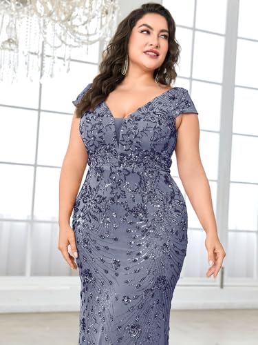 Image of Plus Size Womens Sequined Long Evening Gown Glamous Sleeveless V-Neck Mermaid Prom Dress for Wedding Party