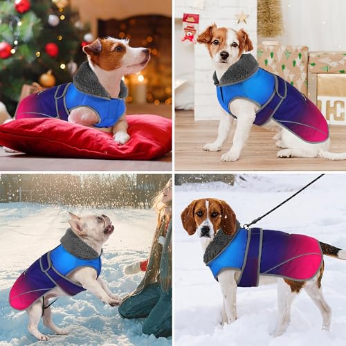 Image of Dogcheer Dog Coat, Waterproof Dog Jacket Reflective Pet Winter Coat with Adjustable Hook & Loop, Christmas Puppy Fleece Jacket Warm Snowsuit for Small Medium Large Dogs - Gradient Blue-red, S