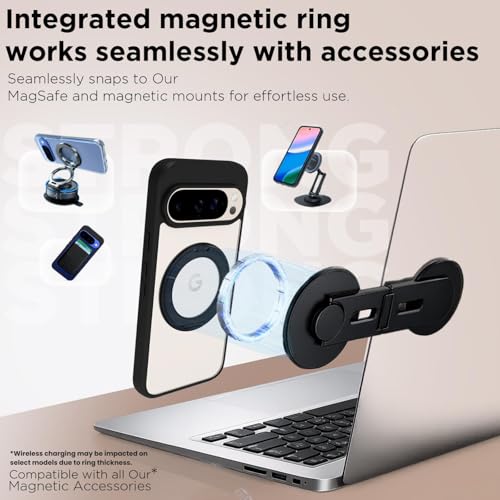 Image of RIGGEAR Shockproof Sleek Hybrid Armor 360 Rotating Magnetic Ring Stand Back Cover Case Compatible with MagSafe Accessories for Google Pixel 9 / Pixel 9 Pro (Clear PC + Black TPU Bumper)