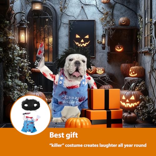 Halloween Hundekostüme für Hunde Wig and Knife, für kleine mittlere Hunde - Lustige Chucky Hundekleidung Halloween Outfit mit Perücke Messer (Verstellbare M-Größe)