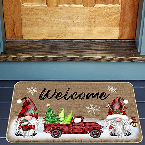 Image of TREWAVE Christmas Decorative Doormat Xmas Welcome Gnome Tomte Car Truck Mat Non Slip Door Mat Outdoor Indoor Entrance Floor Rug, 29 x 17 Inch