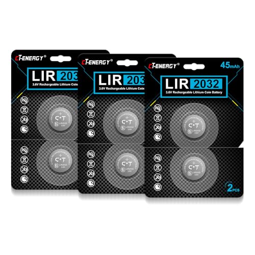 CT-ENERGY Rechargeable cr2032 Batteries 6 Pack 3.6V Lir2032 Battery for Key Fobs Replace 3V CR2032 ML2032