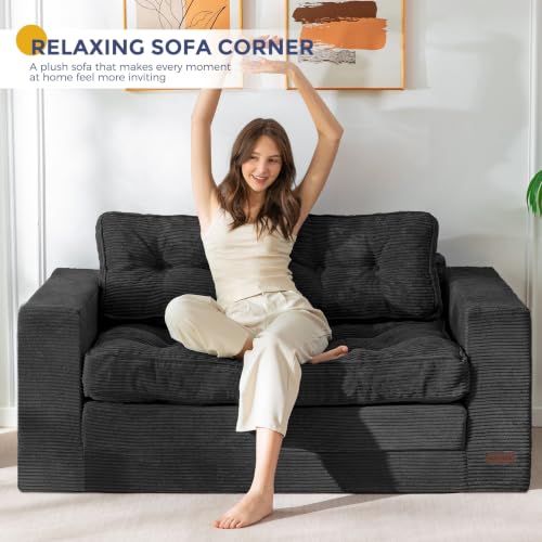 Image of MAXYOYO Convertible Sofa Bed, Pull Out Loveseat Sofa Couch, 2 in 1 Folding Couch Bed, Fold Out Floor Couch with Pillows for Living Room Bedroom Lounge, Black