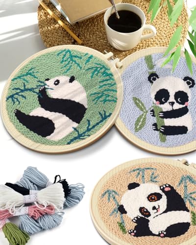 Image of TINDTOP Punch Needle Kits, Panda Punch Embroidery Kits for Adults | 3 Sets, Tool with Punch Needle Fabric, Hoops, Yarns and Sewing Needles