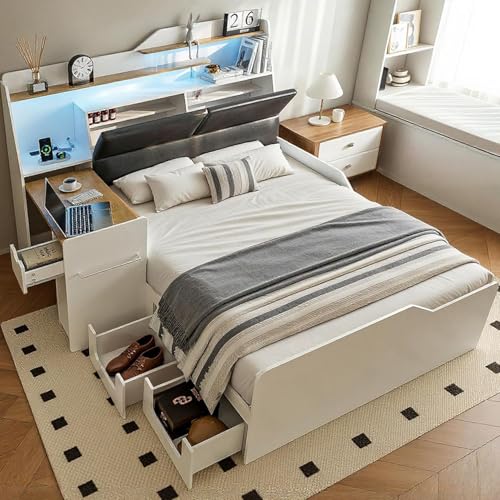 Queen Size Platform Bed with Foldable Desk, Storage Headboard, Bookshelf,