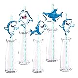 Shark Party Straw Decor, 24-Pack Shark Birthday Party Supply Decorations, Paper Decorative Straws