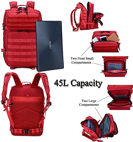 Long Keeper Tactische rugzak militair, 45 liter, grote militaire rugzak voor heren en dames, outdoor rugzak voor wandelen, kamperen, trekking, rood, Eén maat