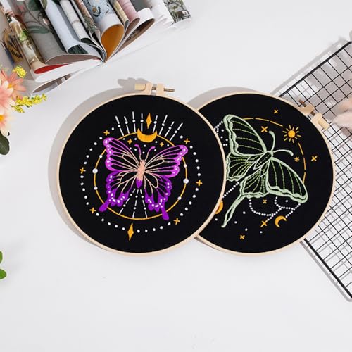 Image of Louise Maelys 3 Sets Tarot Embroidery Kits for Beginners,Cross Stitch Kit for Adults,Crewel Starters Needlepoint with Moon, Butterfly, Bee and Moth Pattern and Tool