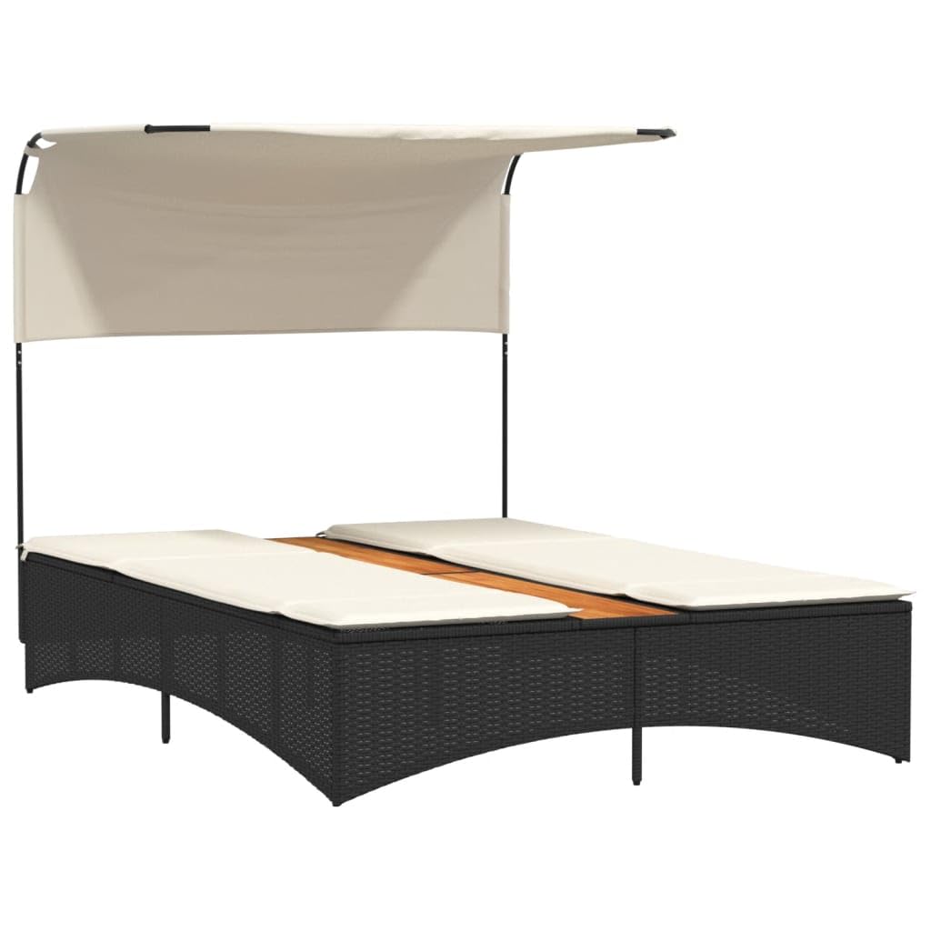 Tumbona Doble de Ratán para Jardín con Techo Solar, Cama Exterior Jardin, Tumbonas Piscina 2 Plazas, Cama Balinesa, Tumbonas Jardin Exterior, con Mesa de Centro y Almohadón Negro